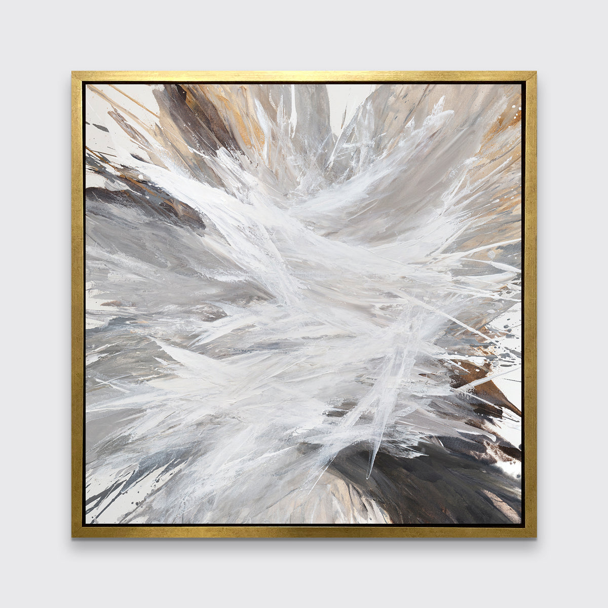 A white, grey, dark grey and gold abstract print in a gold floater frame hangs on a white wall.
