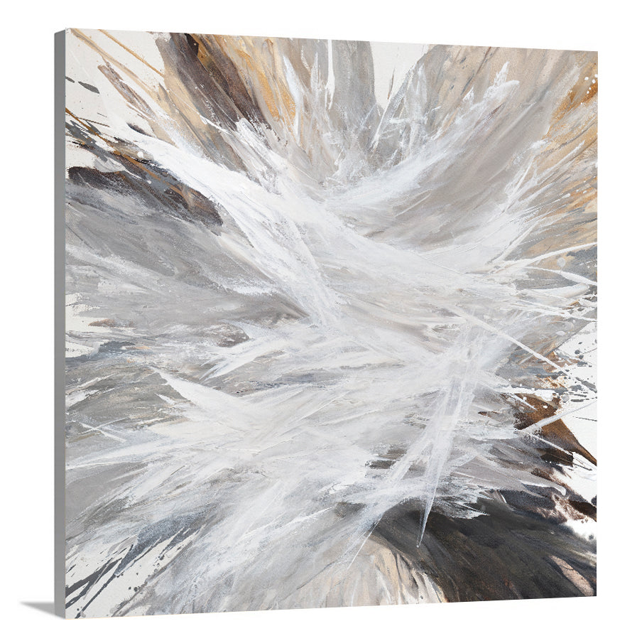 A side-angle view of a white, grey, dark grey and gold abstract print on canvas.