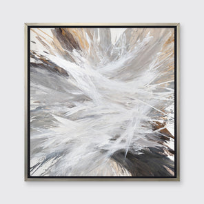 A white, grey, dark grey and gold abstract print in a silver floater frame hangs on a white wall.