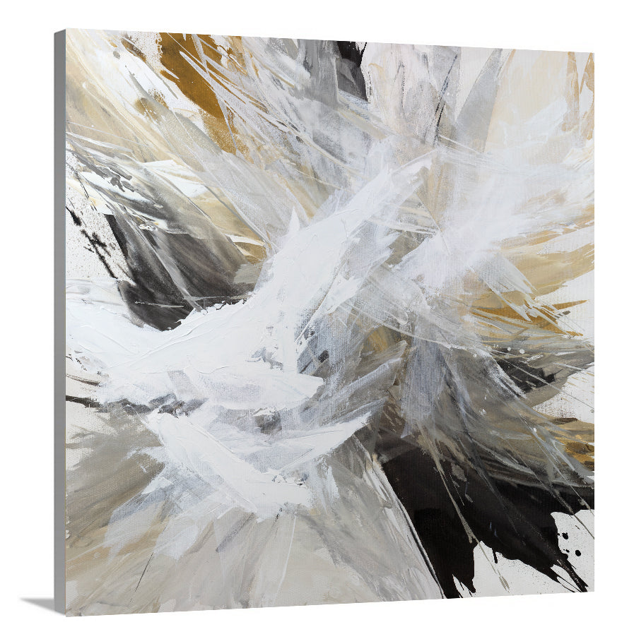 A side-angle view of a white, black, grey and gold abstract print on canvas.