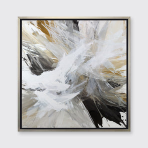 A white, black, grey and gold abstract print in a silver floater frame hangs on a white wall.