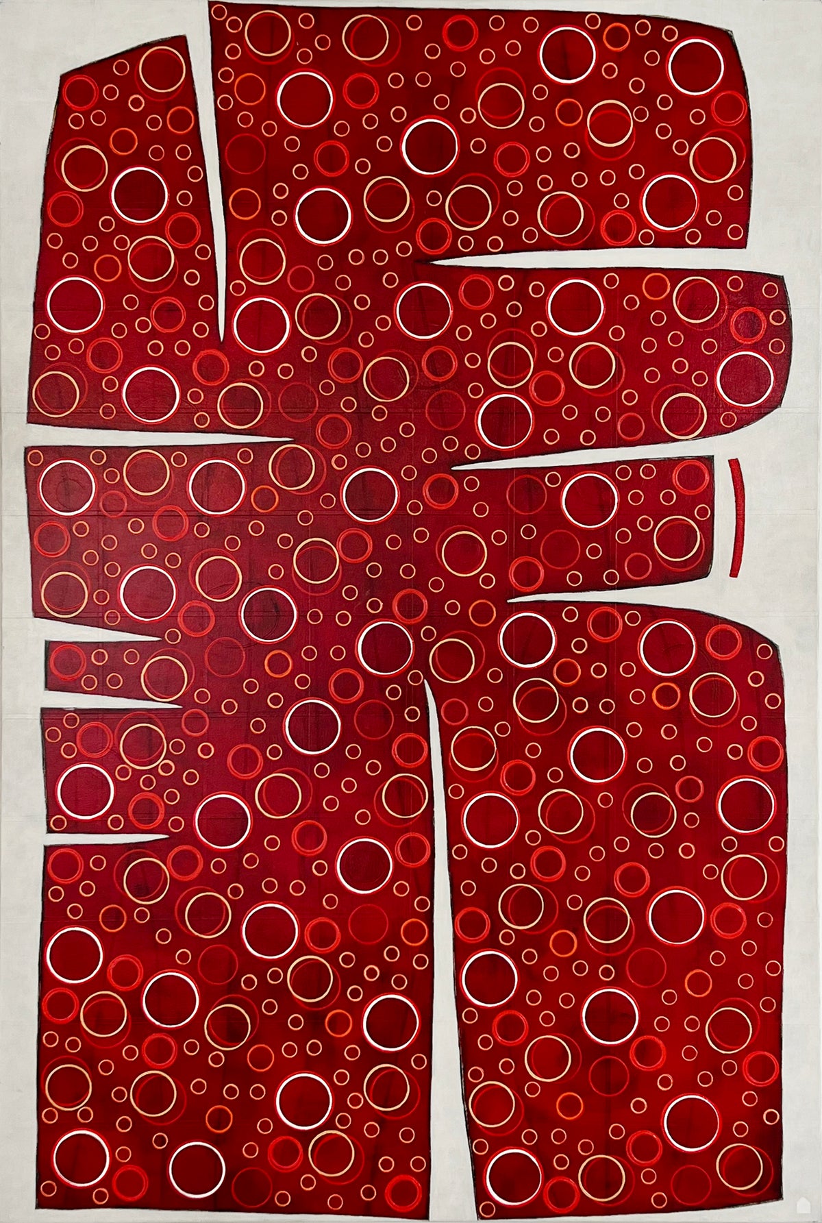 A large abstract painting of an irregular red form containing yellow and white circles. Wired and ready to hang.