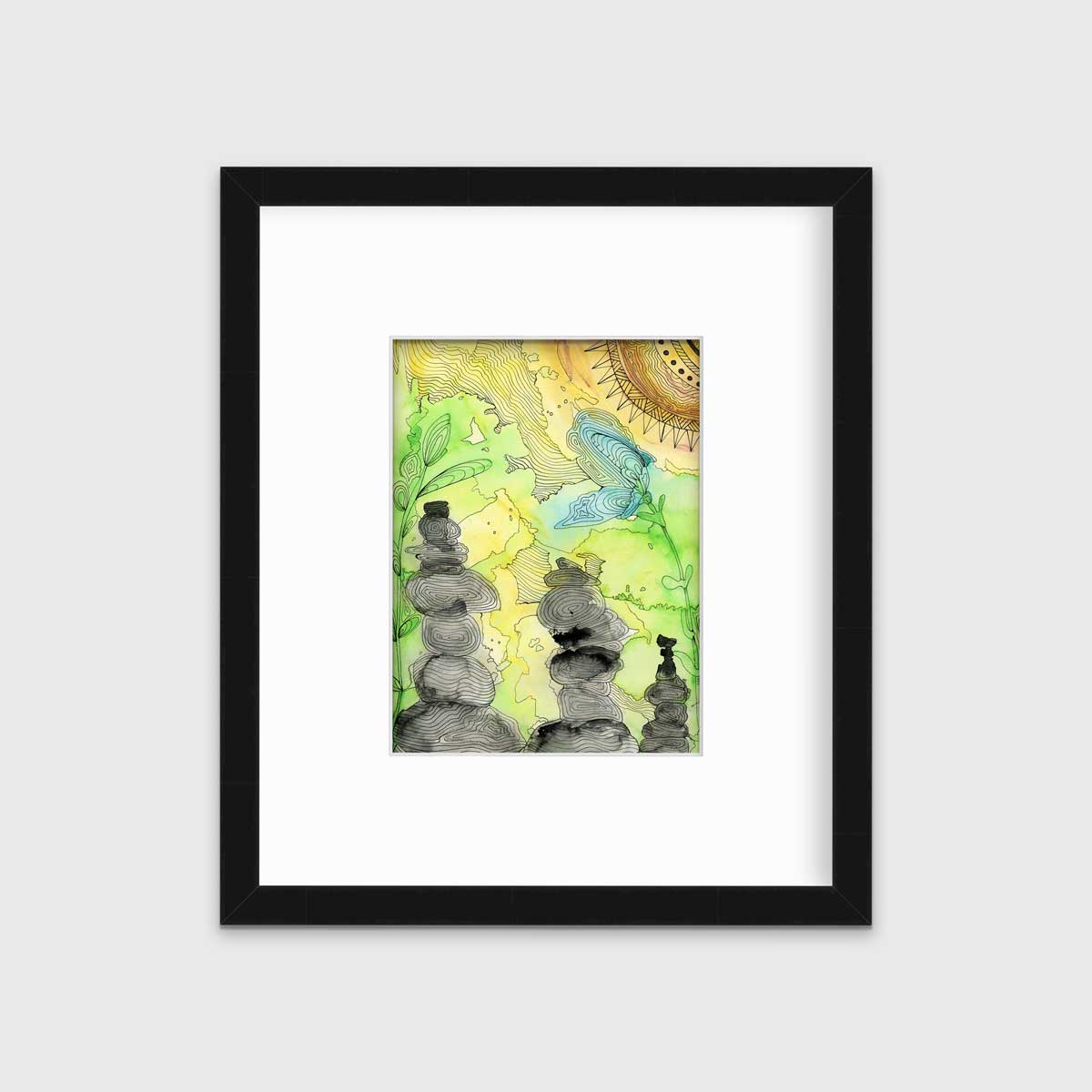 A green, yellow, and black illustration print in a black frame with a mat hangs on a white wall.