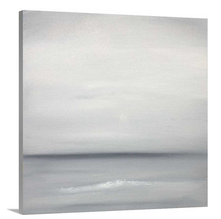 A side-angle view of a tonal grey abstract print on canvas.