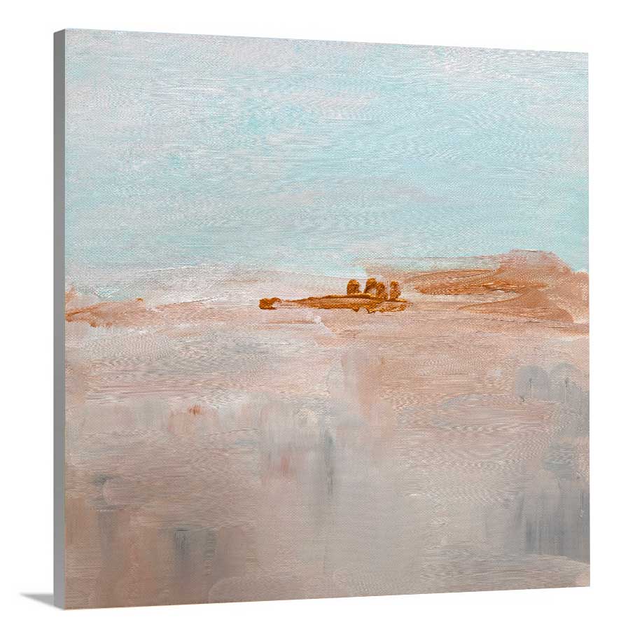 A side-angle view of a teal, copper and dusty pink abstract print on canvas.