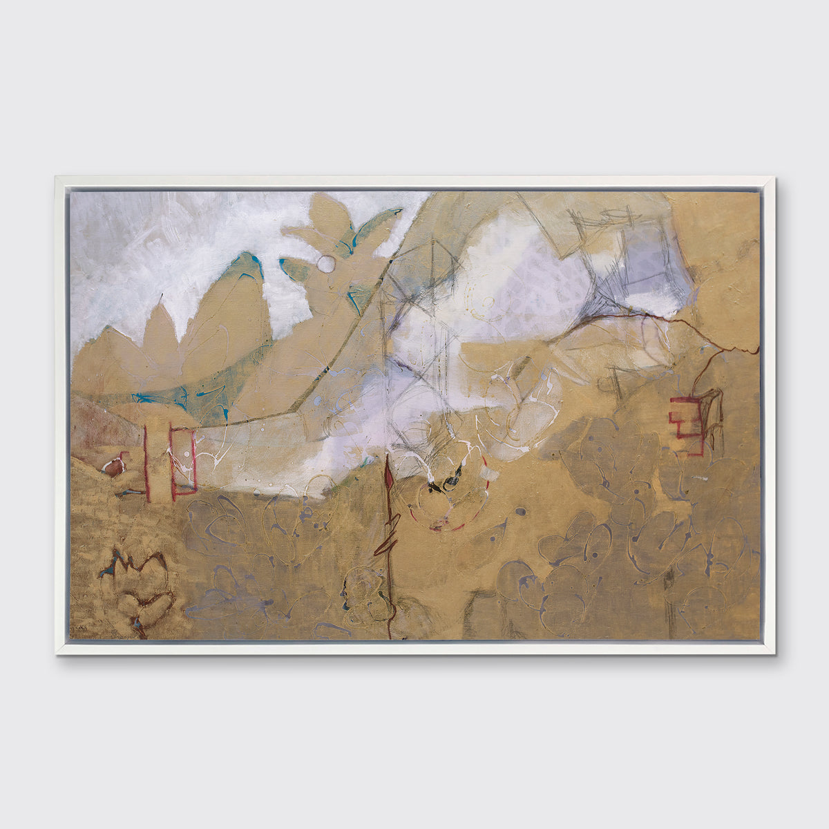 A dark gold and grey abstract print in a white floater frame hangs on a white wall.