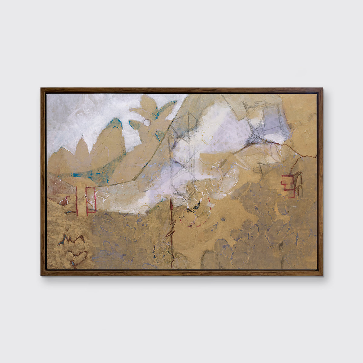 A dark gold and grey abstract print in an oak wood floater frame hangs on a white wall.
