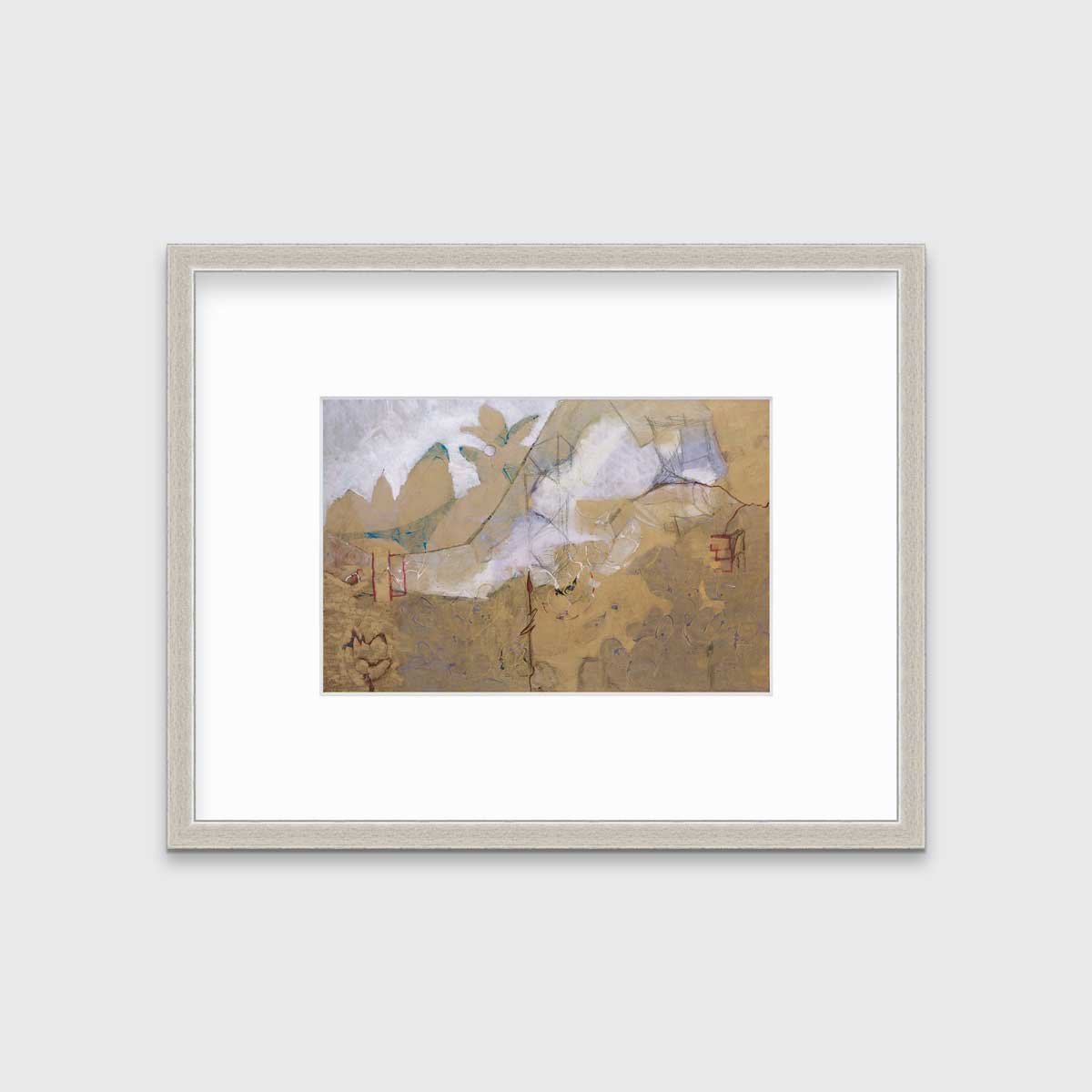 A dark gold and grey abstract print in a silver frame with a mat hangs on a white wall.