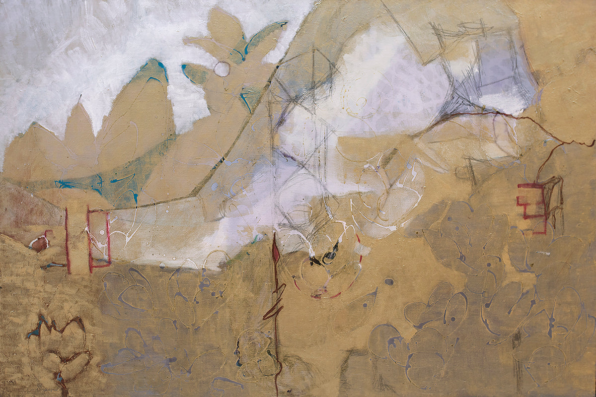 A dark gold and grey abstract print by Christine Averill-Green.