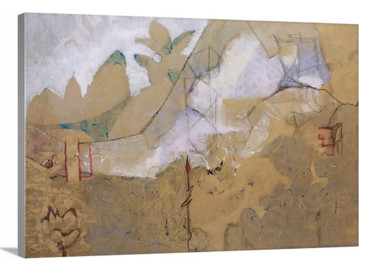 A side-angle view of a dark gold and grey abstract print on canvas.