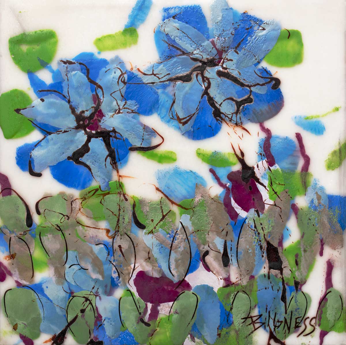 A blue, green and white abstract floral print by Linda Bigness.
