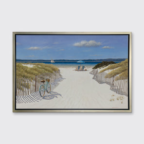 A blue, beige and light green contemporary seascape print in a silver floater frame hangs on a white wall.