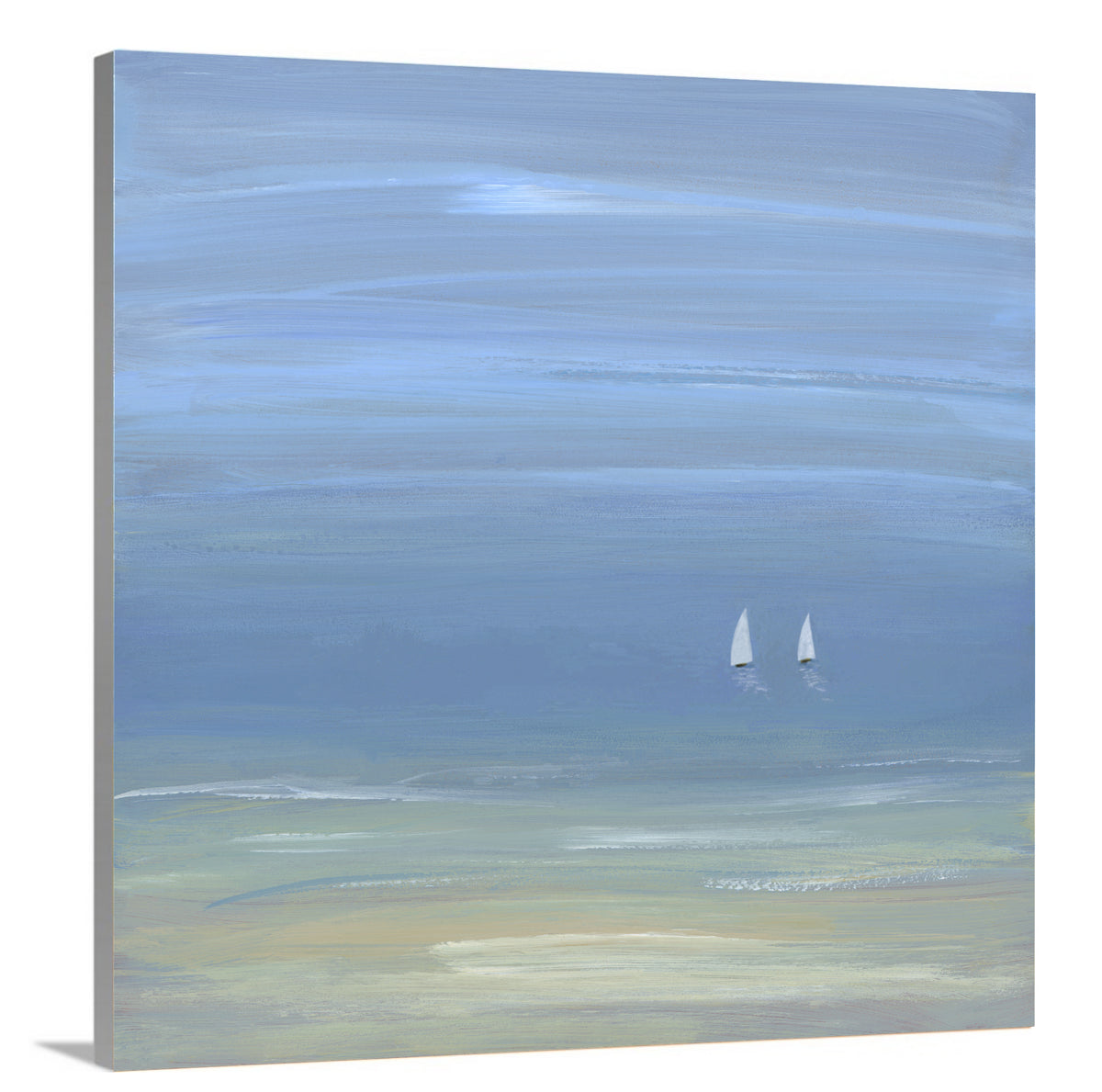 A side-angle view of a blue, beige and white abstract seascape print with two small sailboats on canvas.