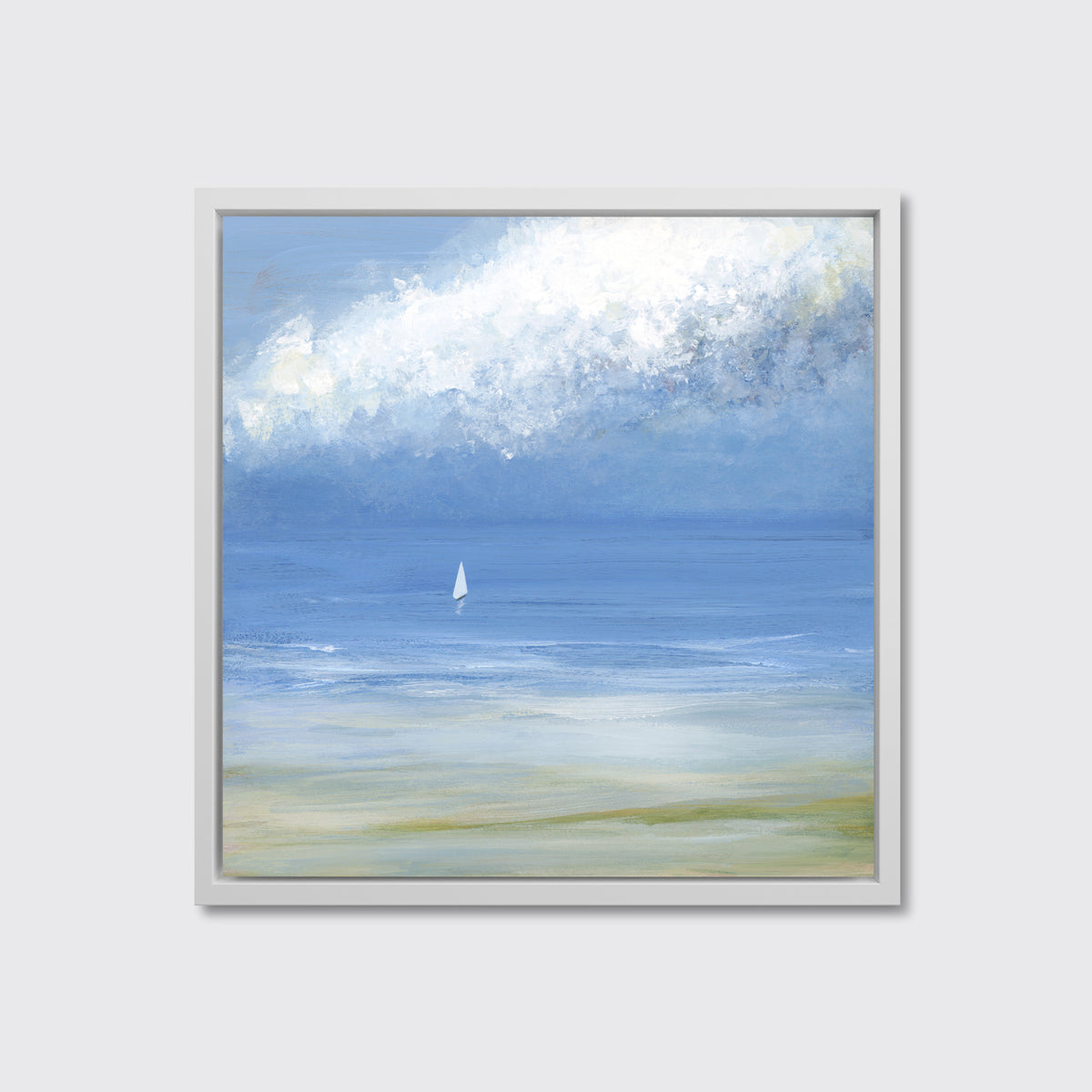 A blue, light green and white abstract seascape print with a small sailboat in a white floater frame hangs on a white wall.