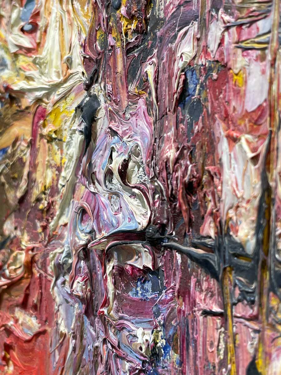 A close up of the texture and several layers of the paint.