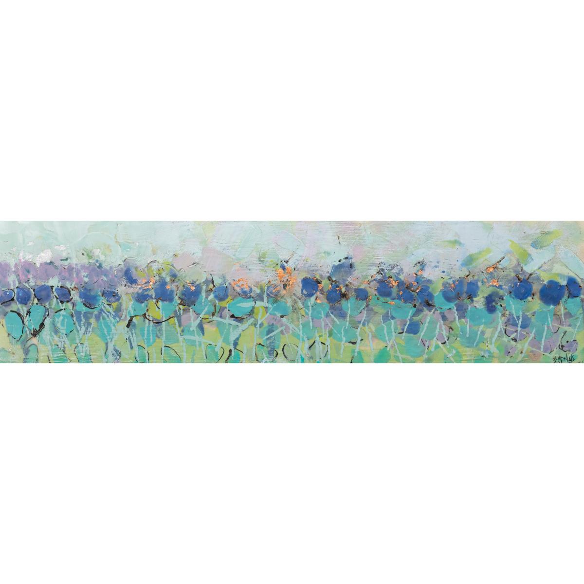 A blue and green abstract floral painting by Linda Bigness.