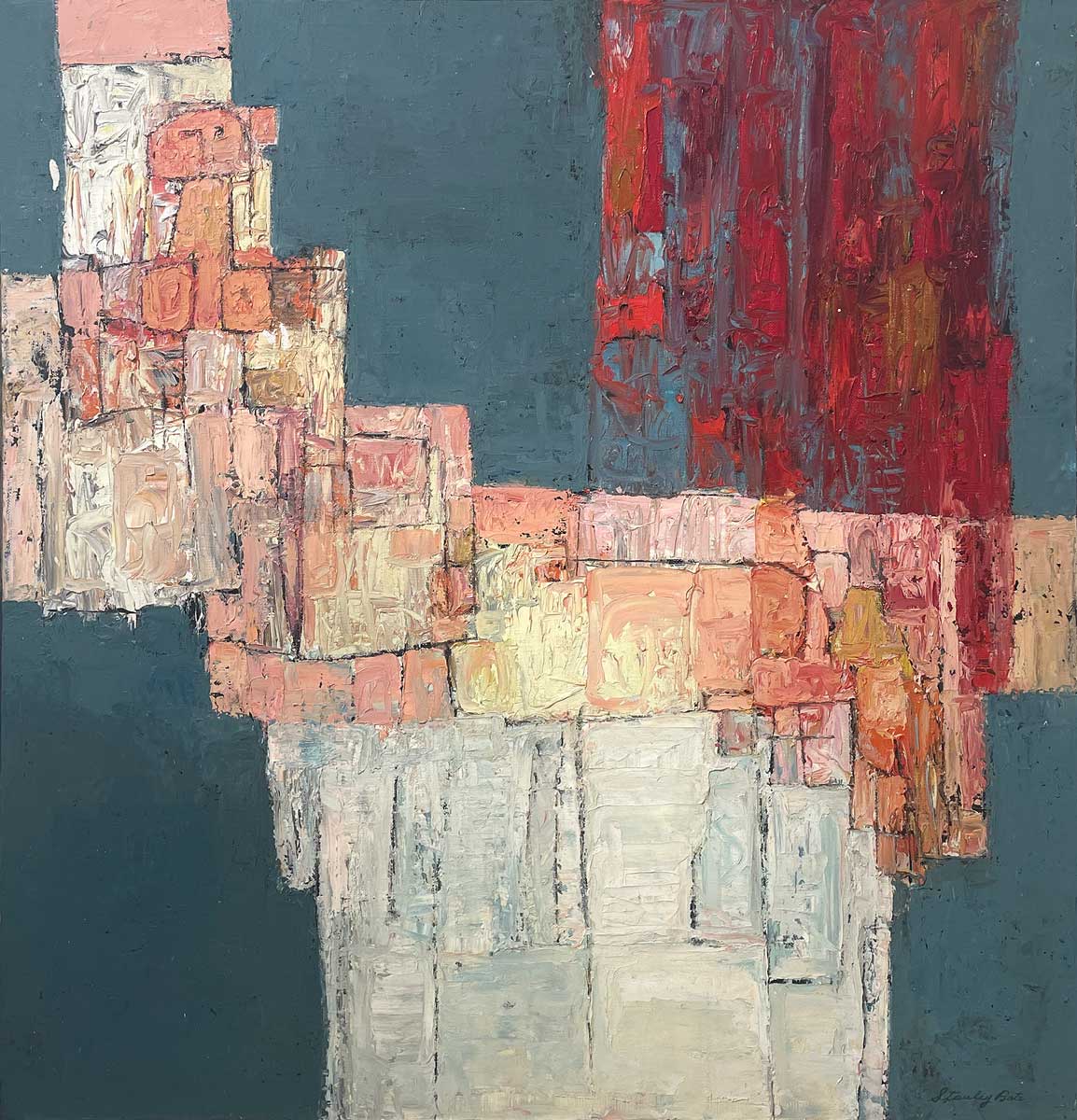 A red, dark teal, pink and white abstract painting by Stanley Bate.