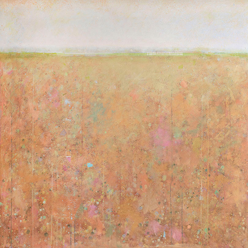 A orange, light green, light blue and pink abstract landscape print by Elwood Howell.