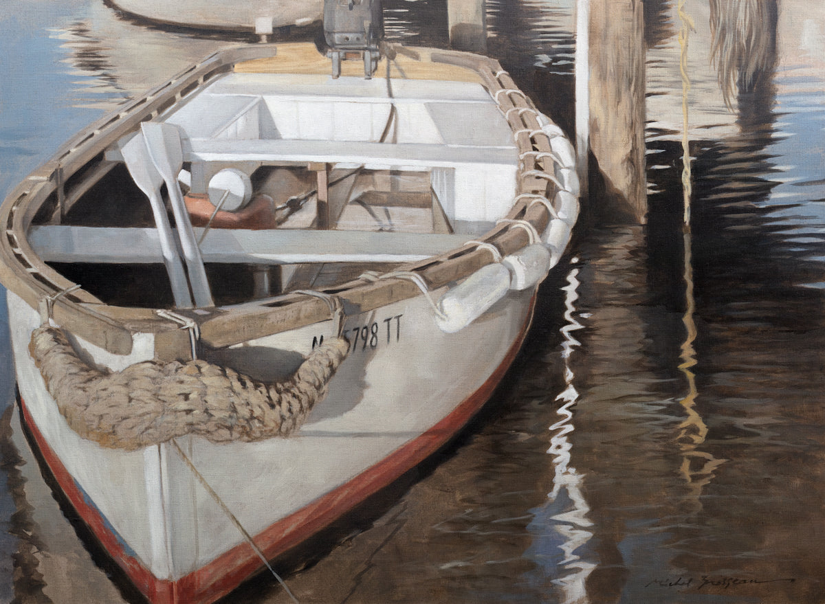A print of a white and tan row boat at a dock by Michel Brosseau.