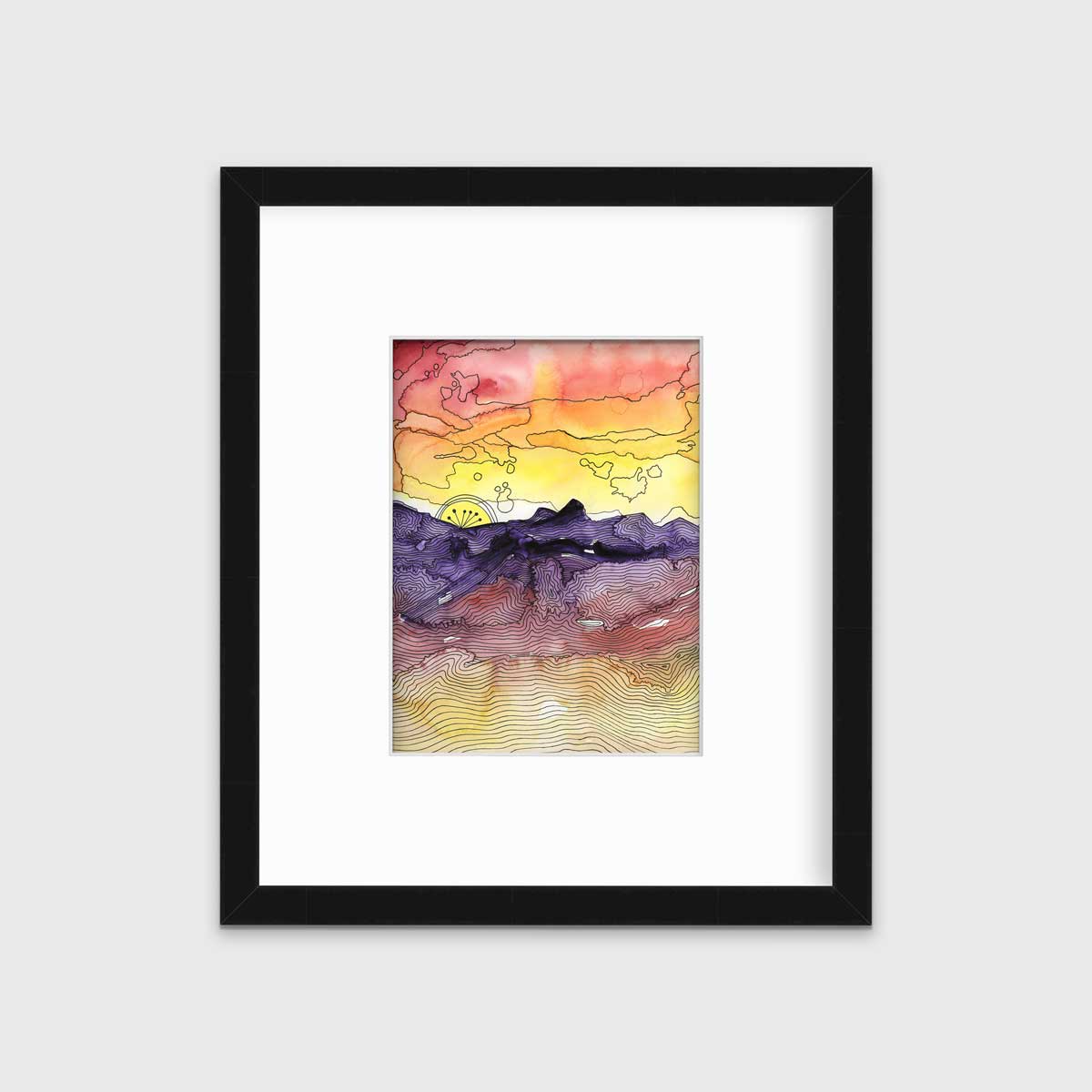 A red, orange, yellow, purple and black abstract landscape print in a black frame with a mat hangs on a white wall.