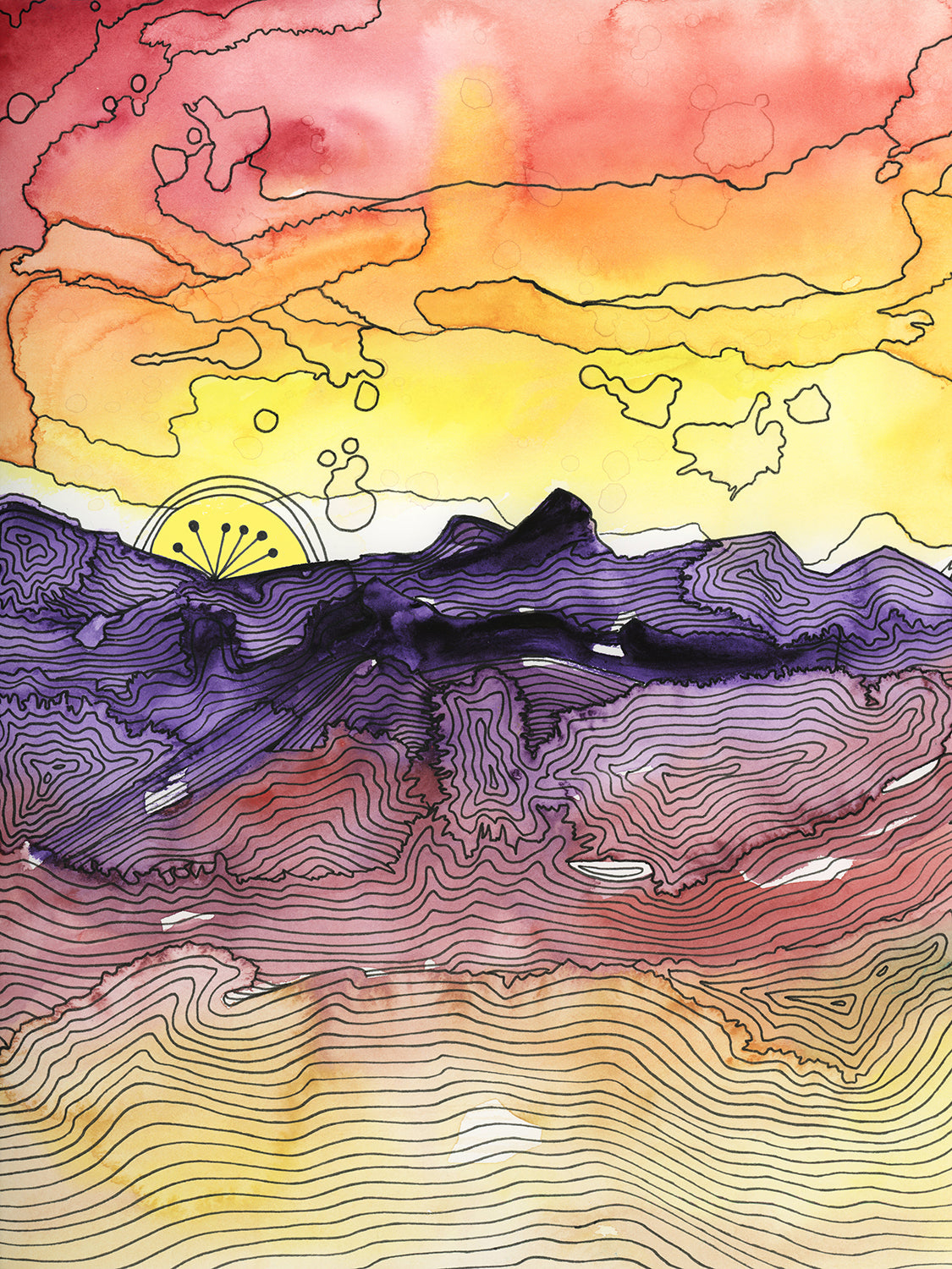 A red, orange, yellow, purple and black abstract landscape print by Melissa Kircher.
