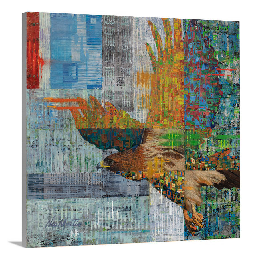 A side-angle view of a multicolored abstract print of a flying eagle on canvas.