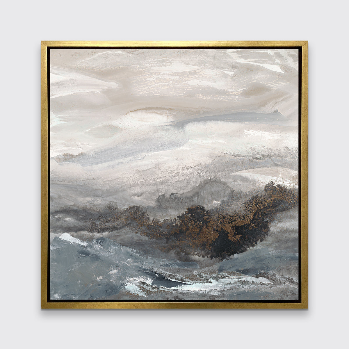 A beige, white, brown and grey abstract print in a gold floater frame hangs on a white wall.