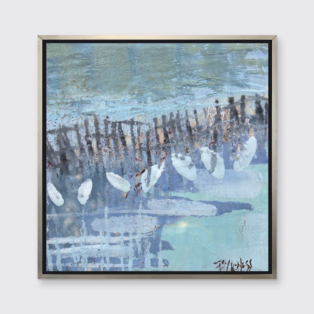 A blue, lavender and olive green abstract print in a silver floater frame.