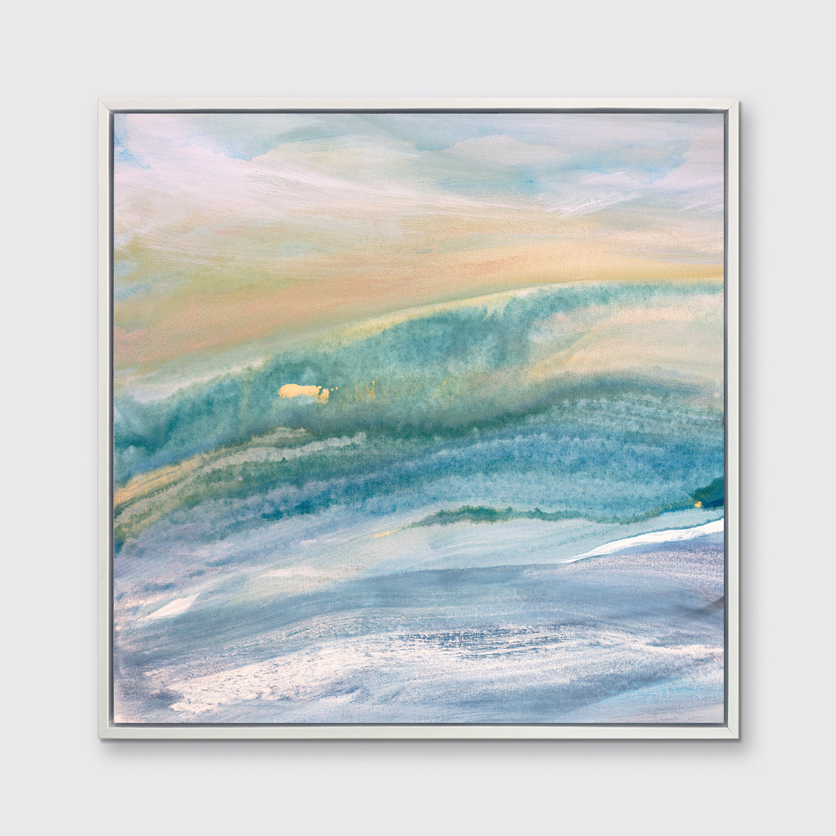 A blue, teal, yellow and white abstract print in a white floater frame hangs on a white wall.