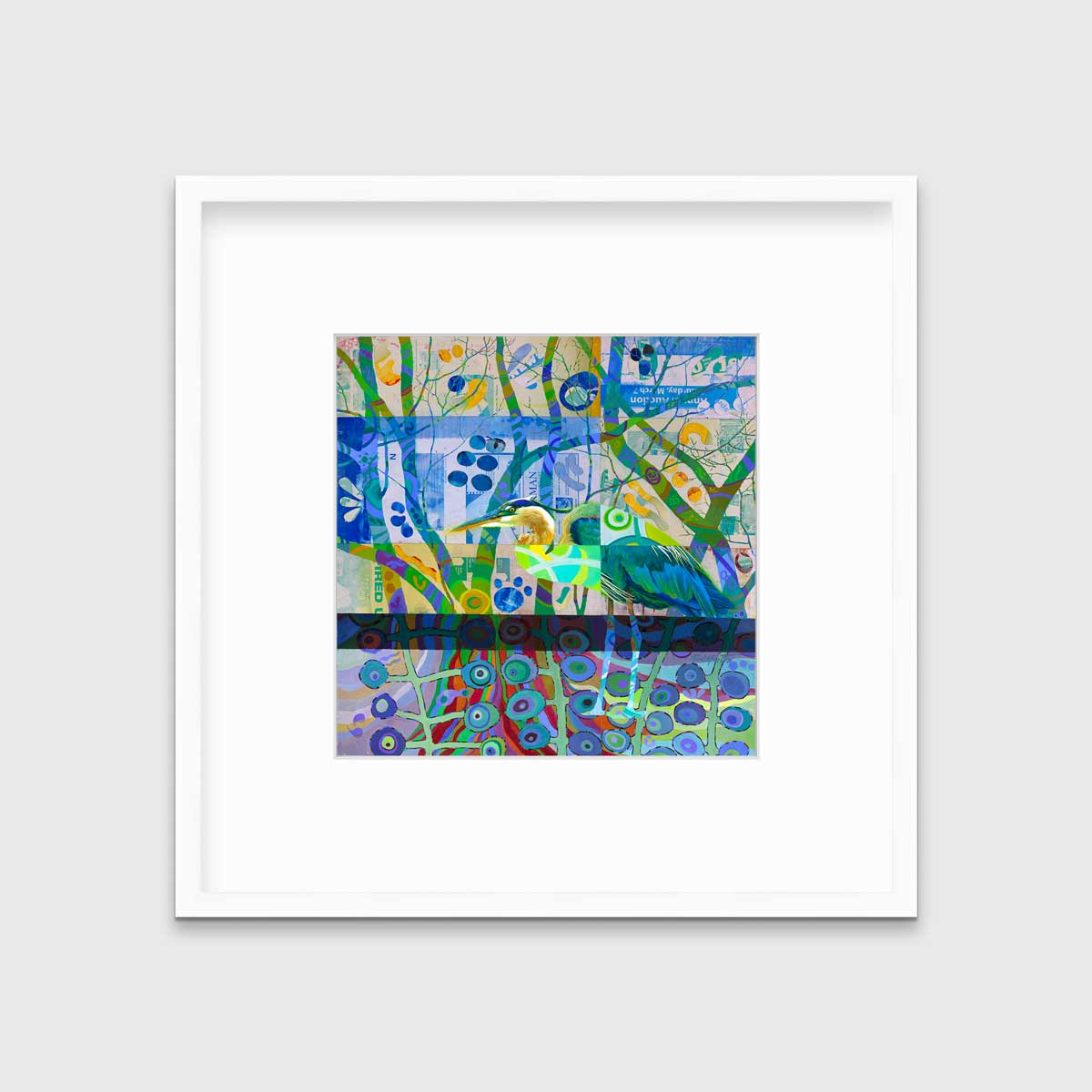 A multicolored abstract print of a bird in a white frame with a mat hangs on a white wall.