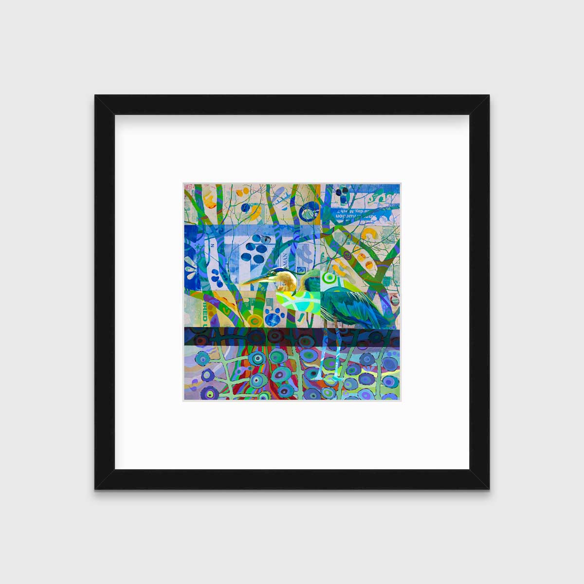 A multicolored abstract print of a bird in a black frame with a mat hangs on a white wall.