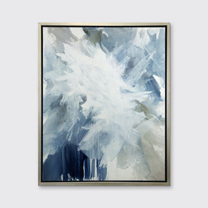 A white, blue and grey abstract print in a silver floater frame hangs on a white wall.