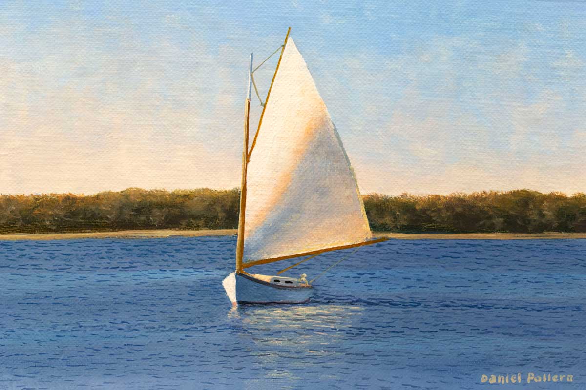A blue and beige contemporary seascape print with a sailboat by Daniel Pollera.