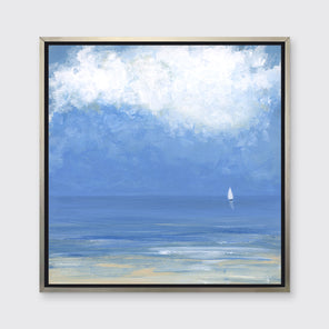 A blue, beige and white abstract seascape print with a small sailboat in a silver floater frame hangs on a white wall.