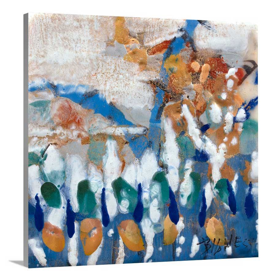 A side-angle view of a multicolored abstract print on canvas.