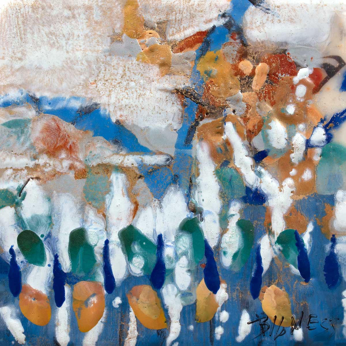 A multicolored abstract print by Linda Bigness.