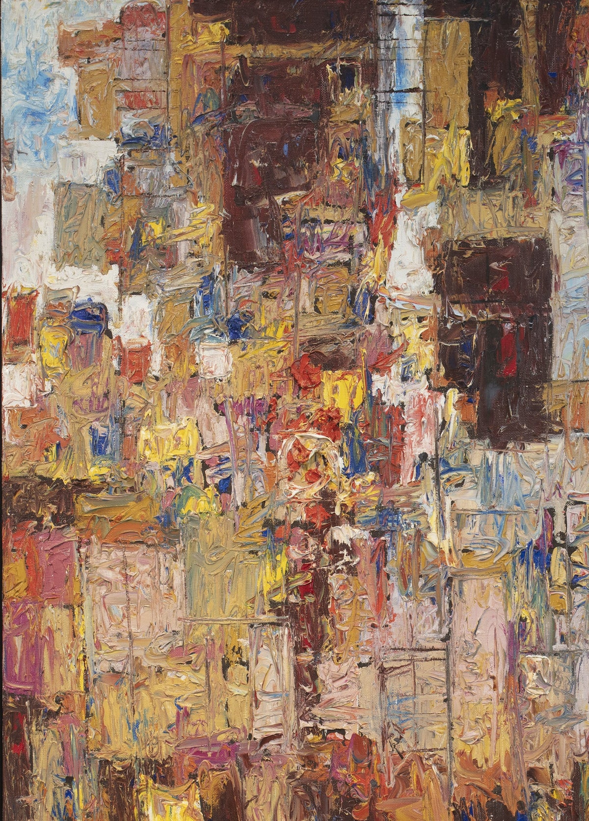 Abstract expressionist painting with a mixture of colored oils forming rectangular and square shapes.