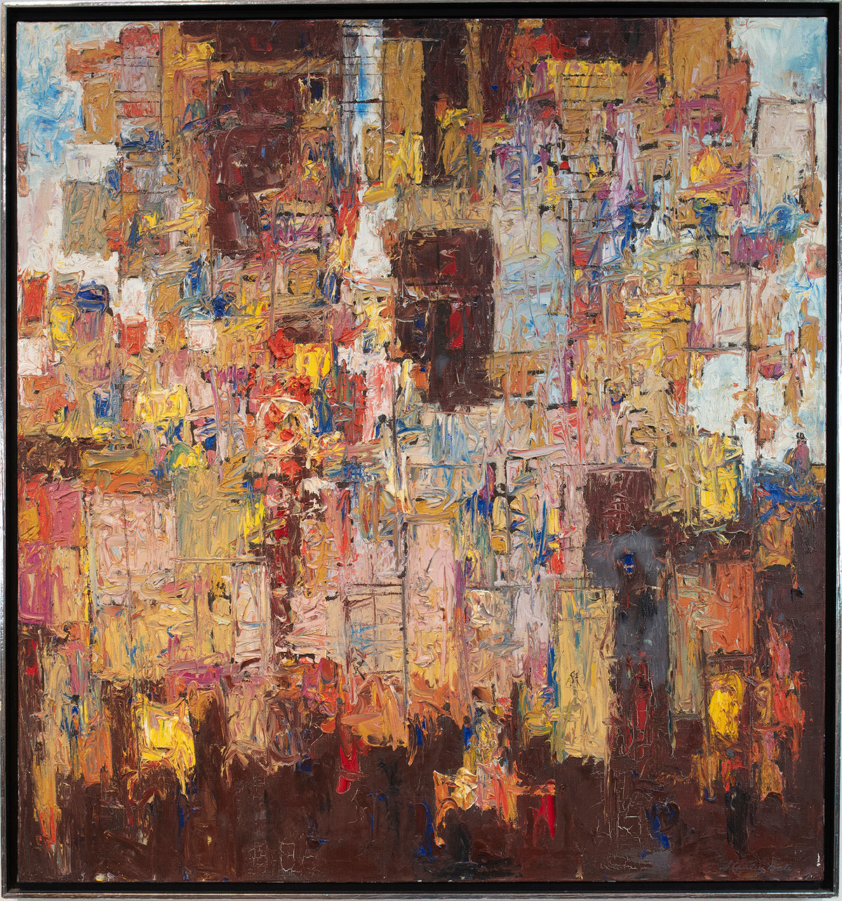Abstract expressionist painting, in silver frame, with a mixture of colored oils forming rectangular and square shapes.