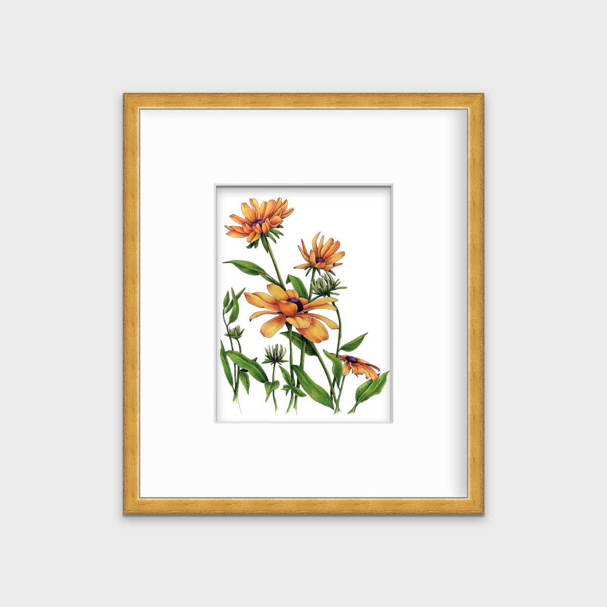 Yellow and orange flowers with a purple center and green stems and leaves print in a gold frame with a mat hangs on a white wall.