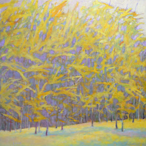 An impressionistic painting of a forest with bright yellow leaves and a lavender grey background. 
