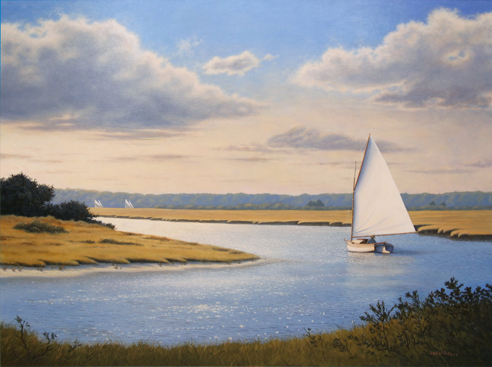 Painting of a sailboat going down a winding river. Off in the distance you can see the tops of other sailboats in front of the tree line. The light from the sun is beating down onto the water and glittering in the ripples.