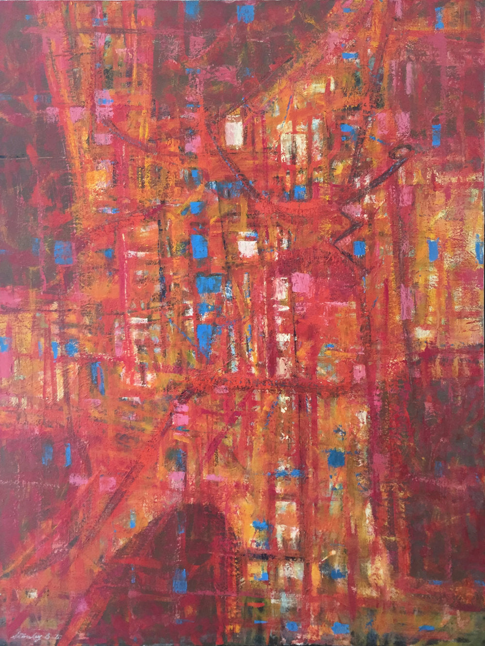 Close up of abstract expressionist painting detailing lines and vibrant reds, blue, and orange colors forming shapes.