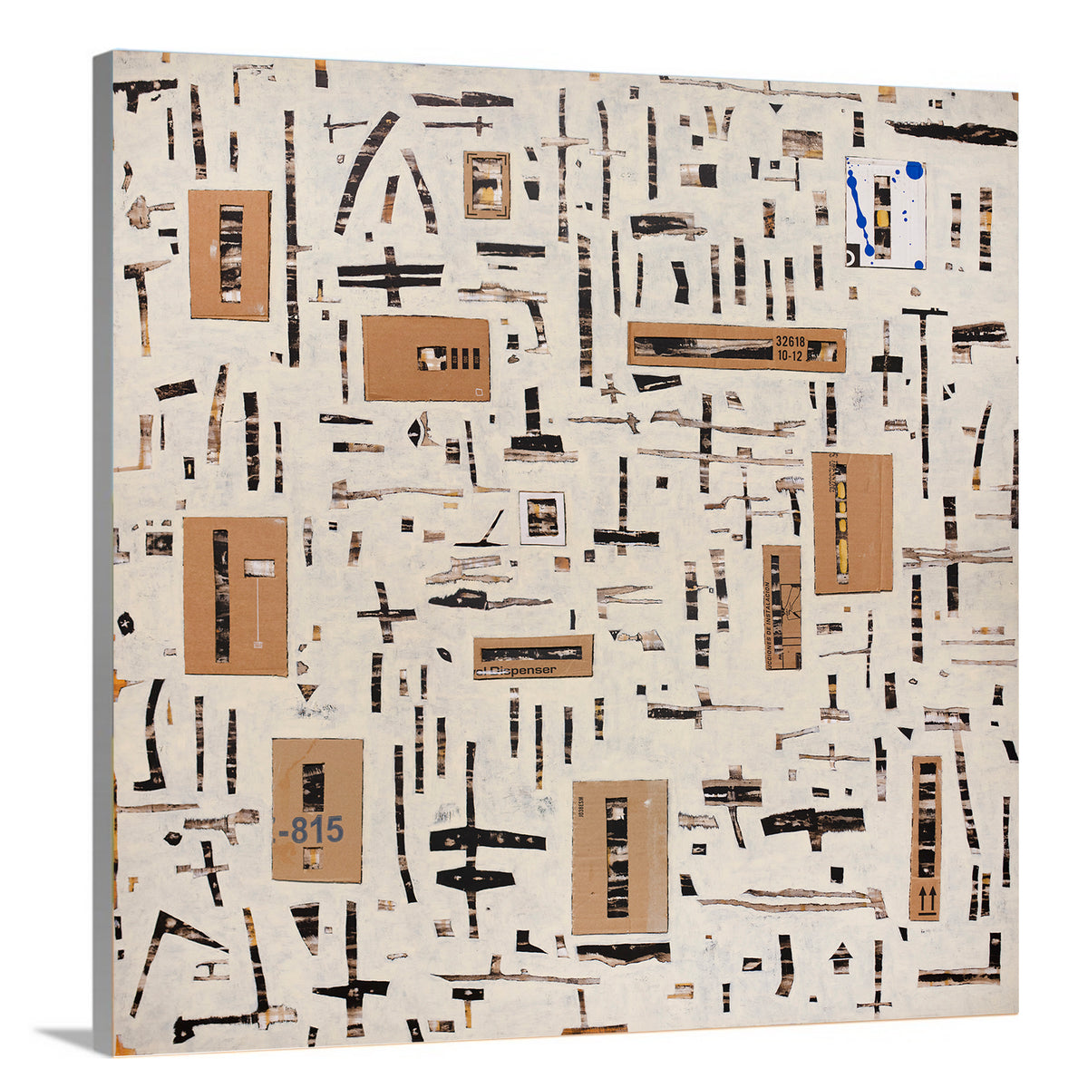 A side-angle view of a brown and black abstract print on canvas.