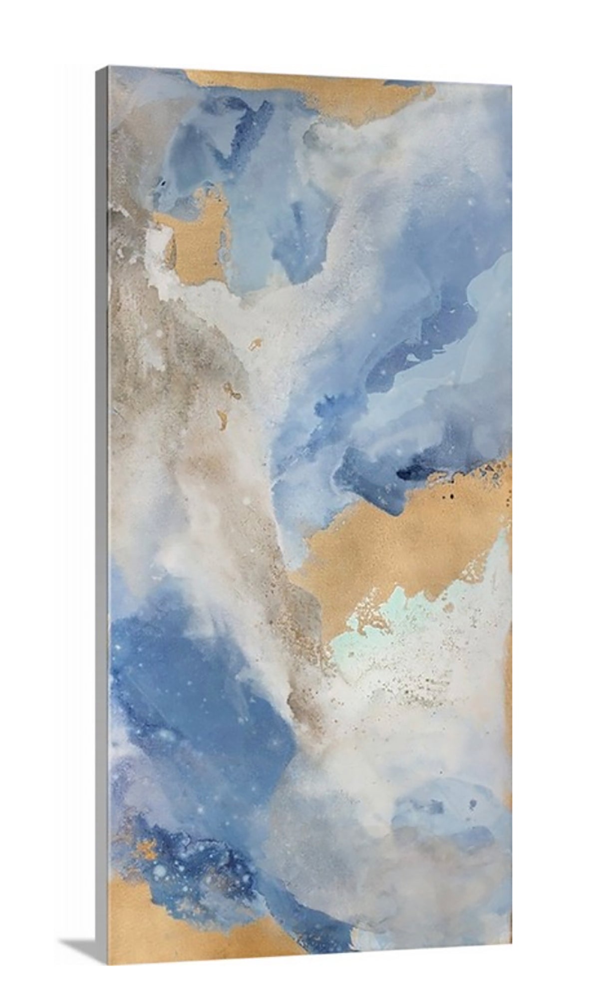 A side-angle view of a blue, gold and white abstract print on canvas.