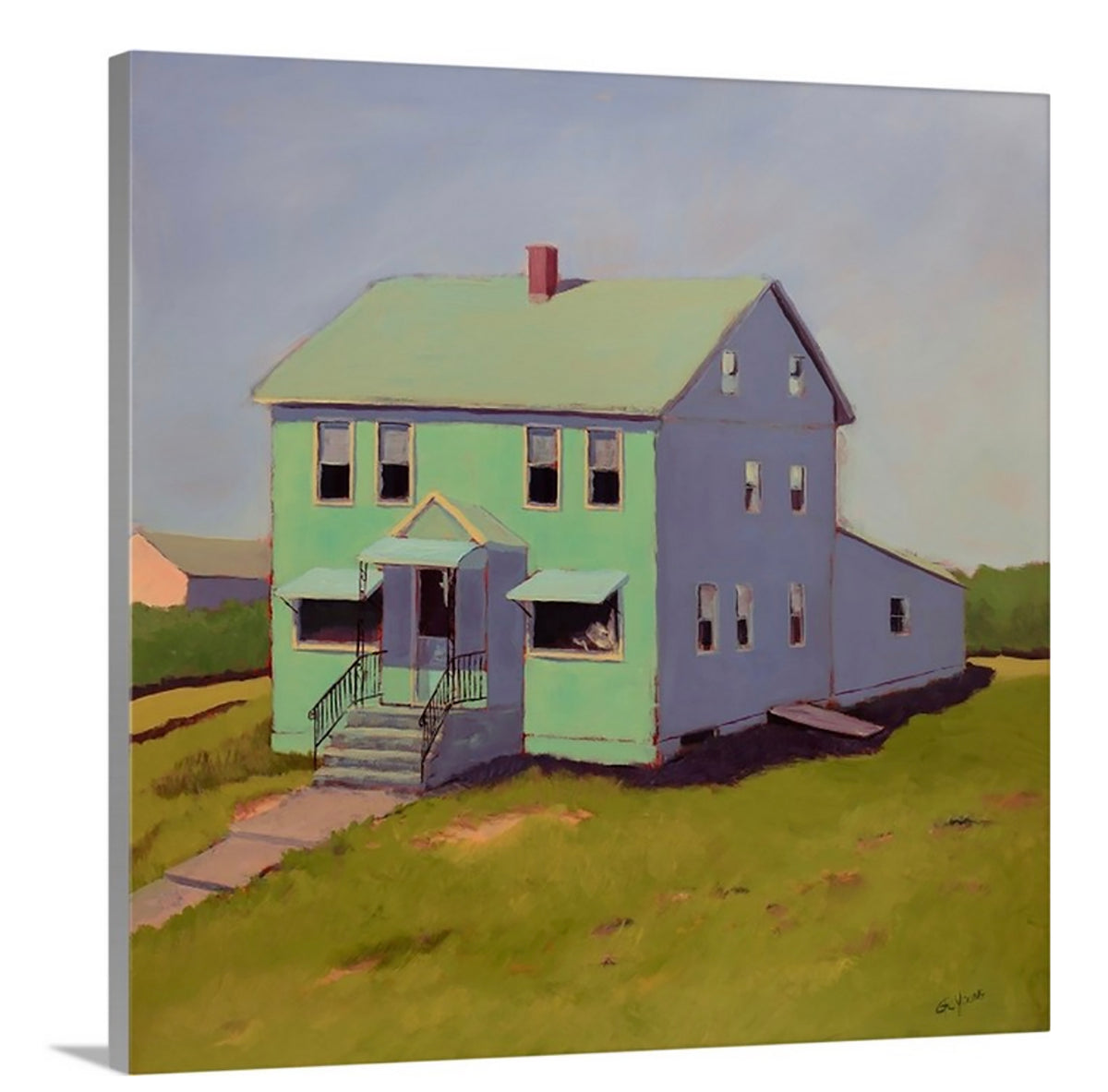 A side-angle view of a seafoam green, blue and chartruse contemporary house print on canvas.