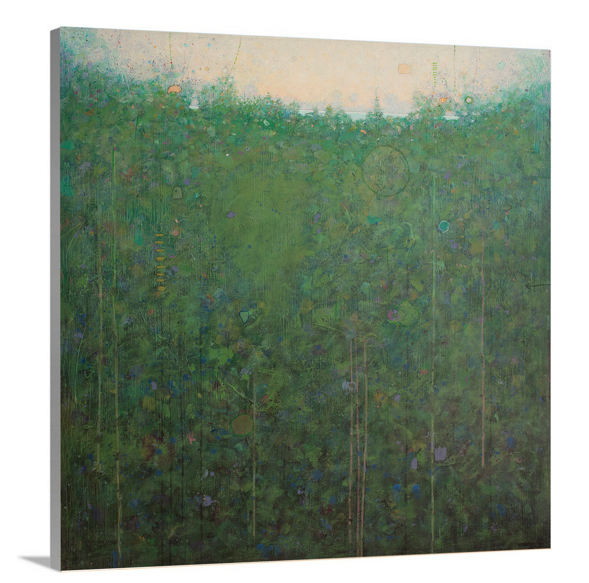 A side-angle view of a green abstract landscape print on canvas.