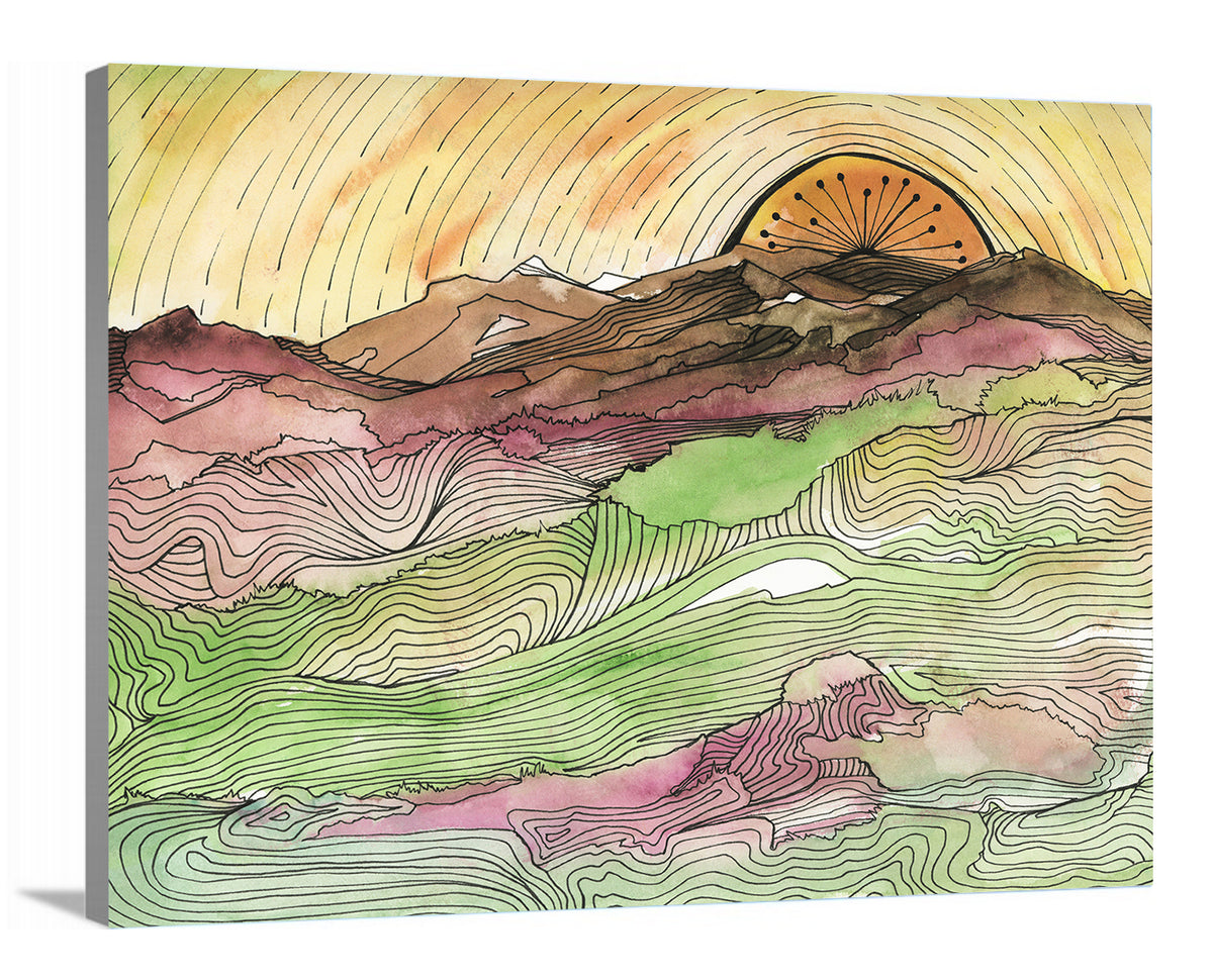 A side-angle view of a yellow, brown, green and dark rose abstract landscape print with black outlines on canvas.