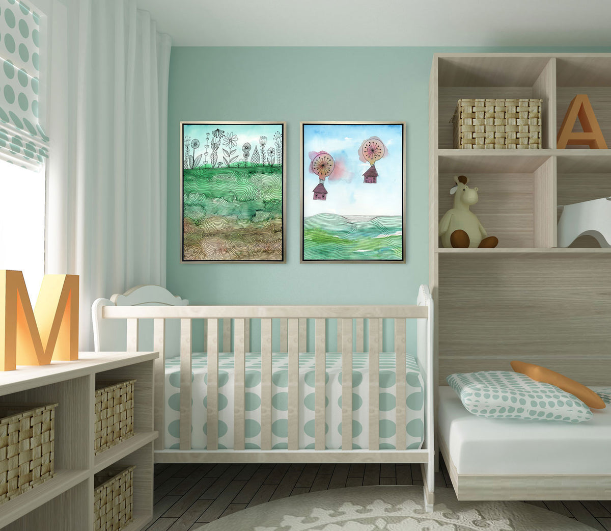 Two illustration canvas prints hang on a mint-green wall between a window and a shelving unit and above a baby crib.