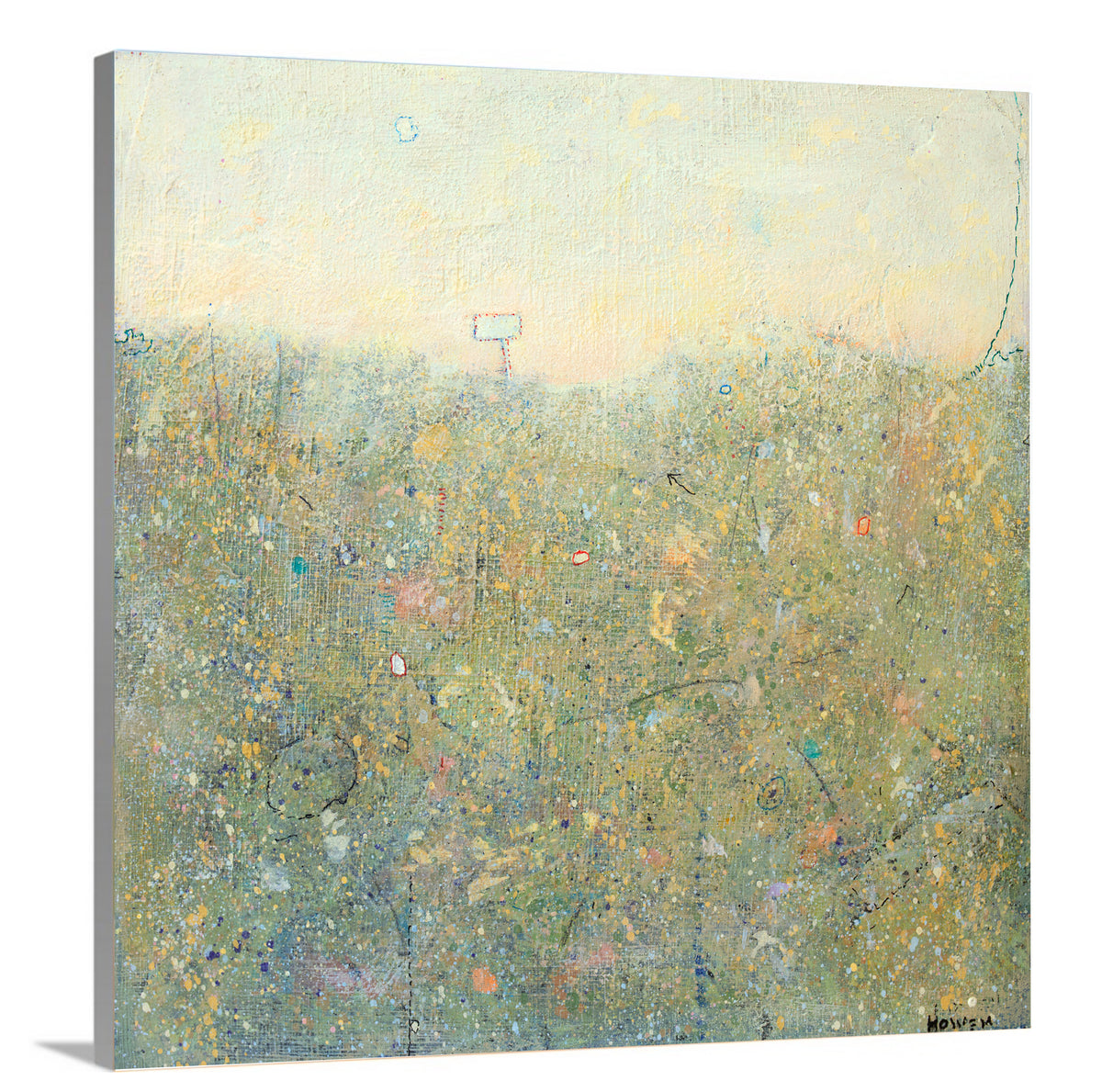 A side-angle view of a yellow-green abstract landscape print on canvas.