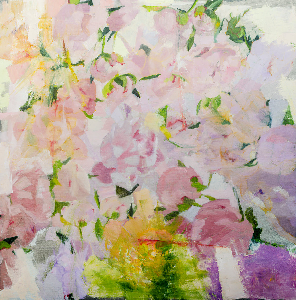 A pink, purple and green floral abstract print by Christine Averill-Green.